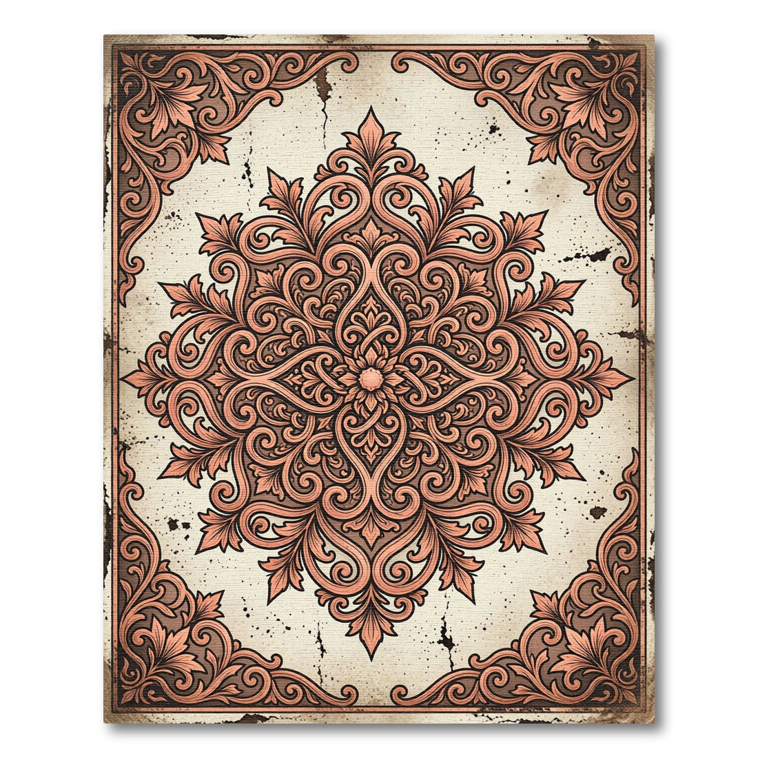 Elegant Terracotta Floral Damask Medallion Rug