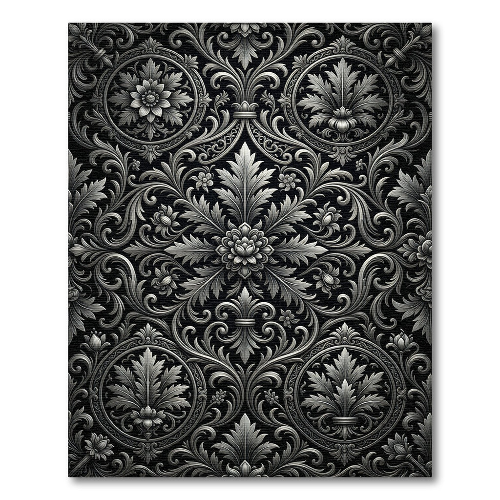 Ornate Silver Floral Scrollwork Rug