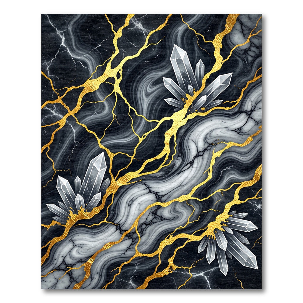 Gold Veined Black Marble Crystal Art Rug