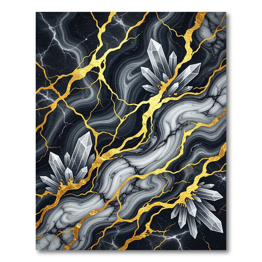 Gold Veined Black Marble Crystal Art Rug