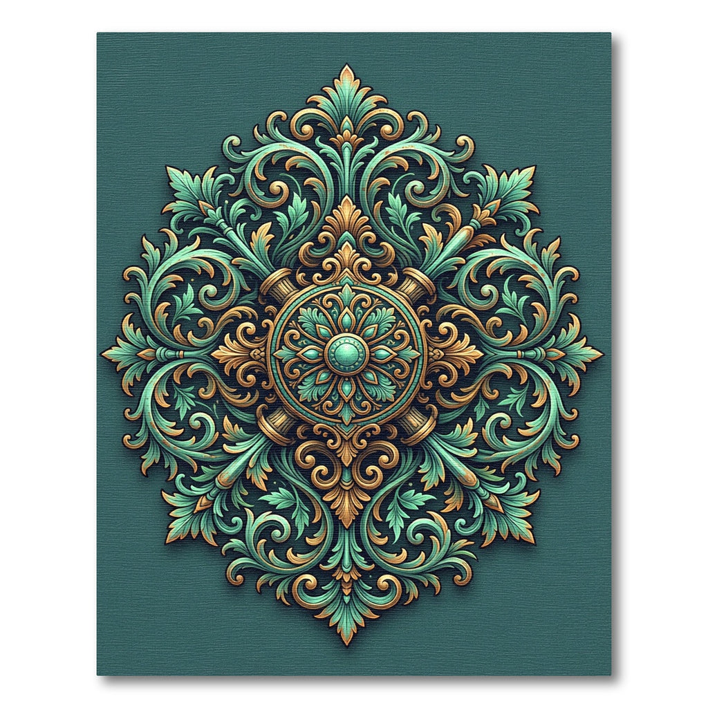 Ornate Teal and Gold Scroll Medallion Rug