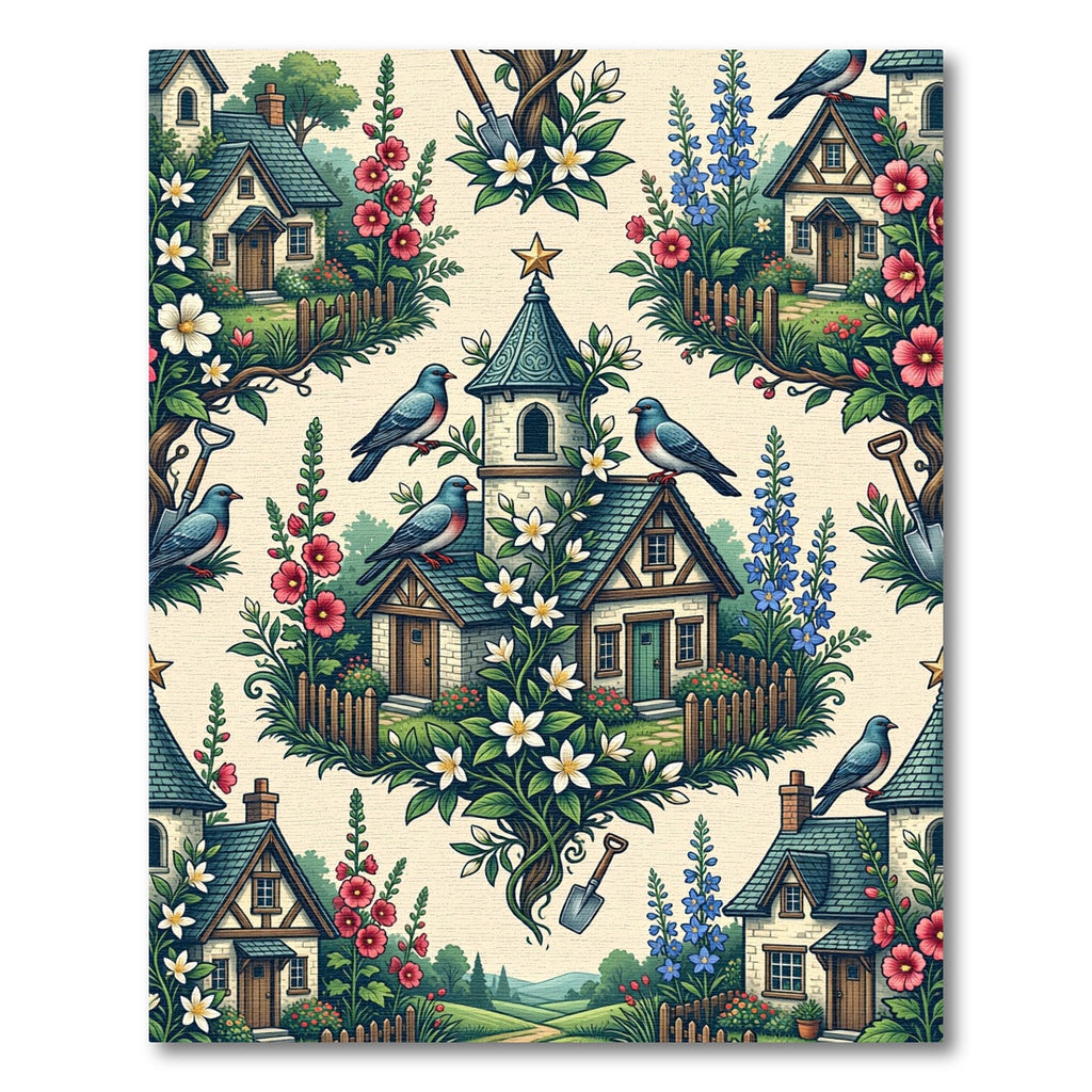 Charming Cottages Birds Floral Garden Scene Rug