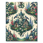 Charming Cottages Birds Floral Garden Scene Rug