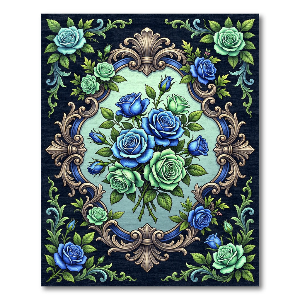 Elegant Blue and Green Rose Filigree Rug