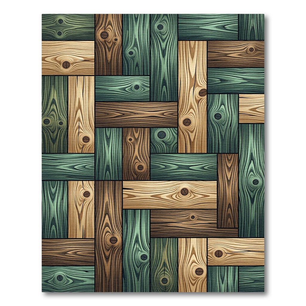 Rustic Green and Natural Wood Plank Rug