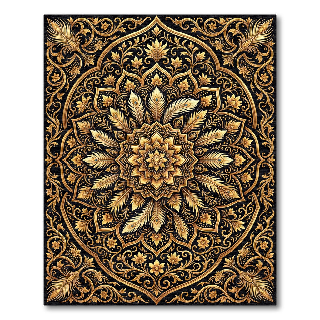 Opulent Gold Floral Feather Mandala Rug