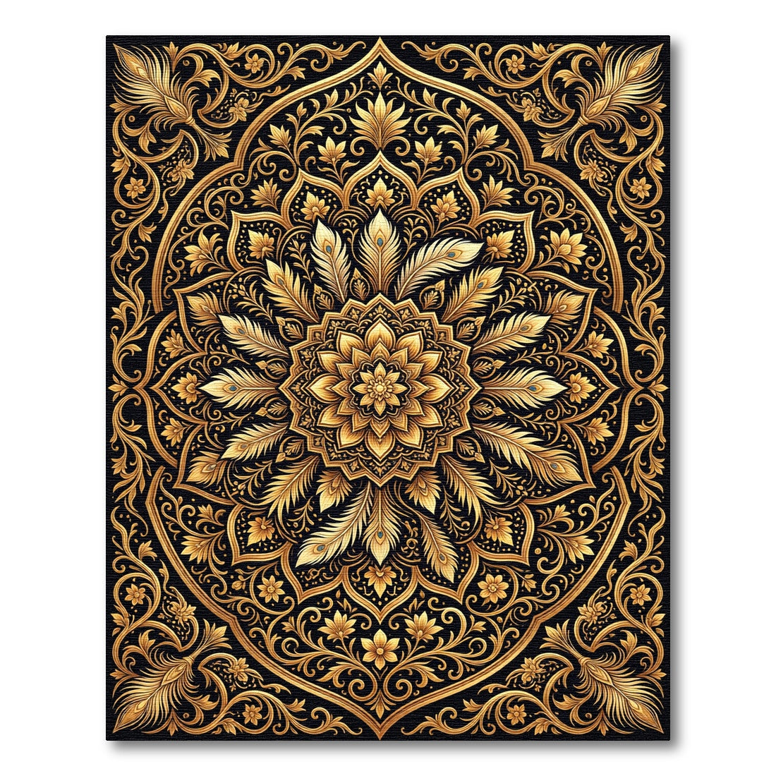 Opulent Gold Floral Feather Mandala Rug