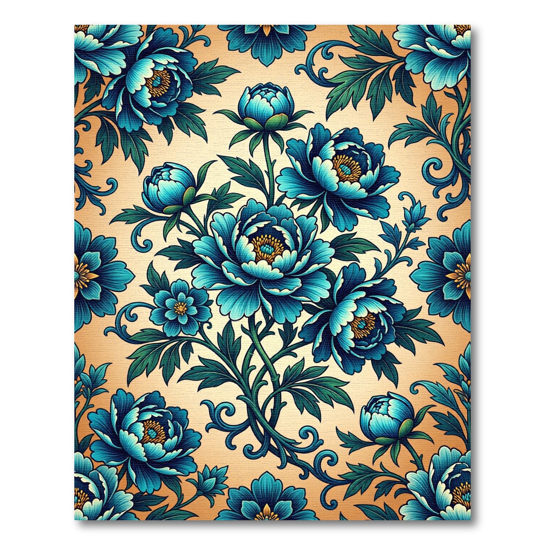 Elegant Indigo Peony Floral Bouquet Rug