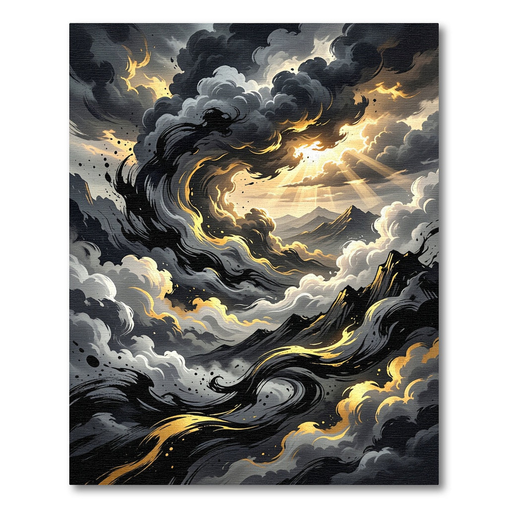 Dramatic Golden Swirl Storm Mountainscape Rug
