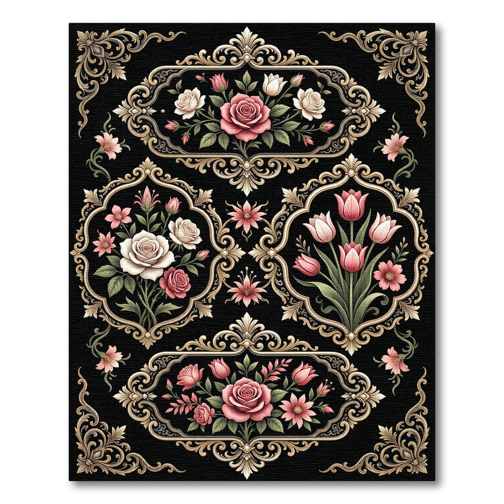 Ornate Pink Floral Garden Scrollwork Rug
