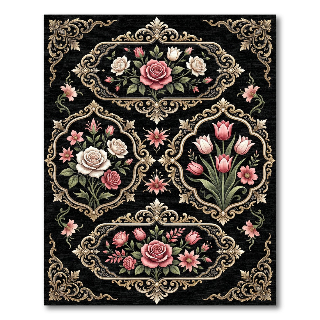 Ornate Pink Floral Garden Scrollwork Rug