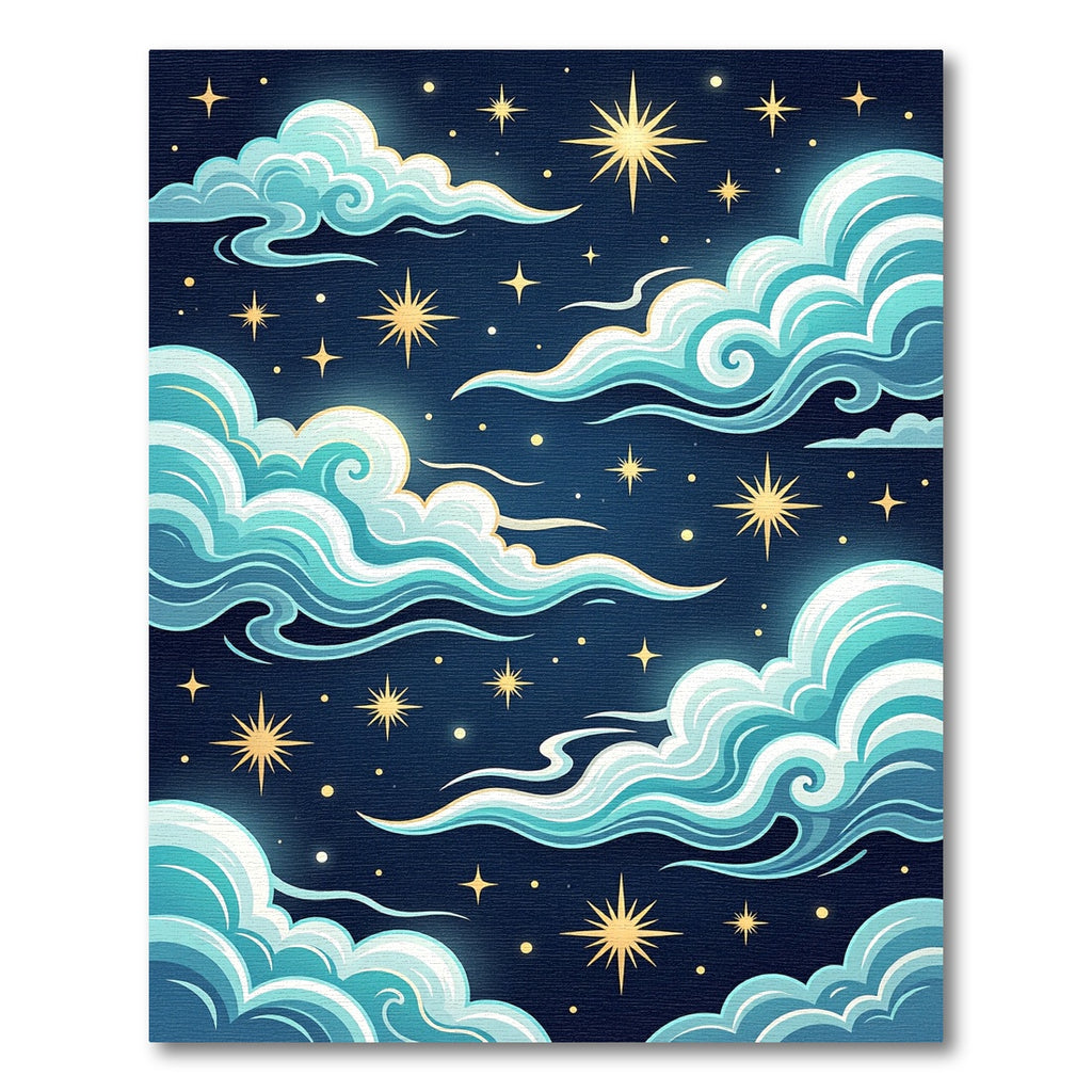Whimsical Teal Clouds Golden Stars Rug