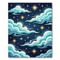 Whimsical Teal Clouds Golden Stars Rug