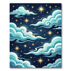 Whimsical Teal Clouds Golden Stars Rug