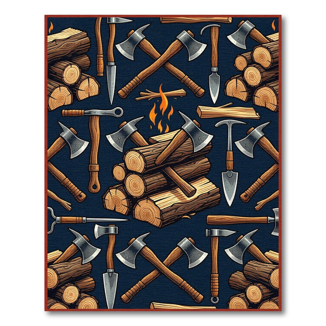 Rustic Navy Axe and Firewood Illustration Rug