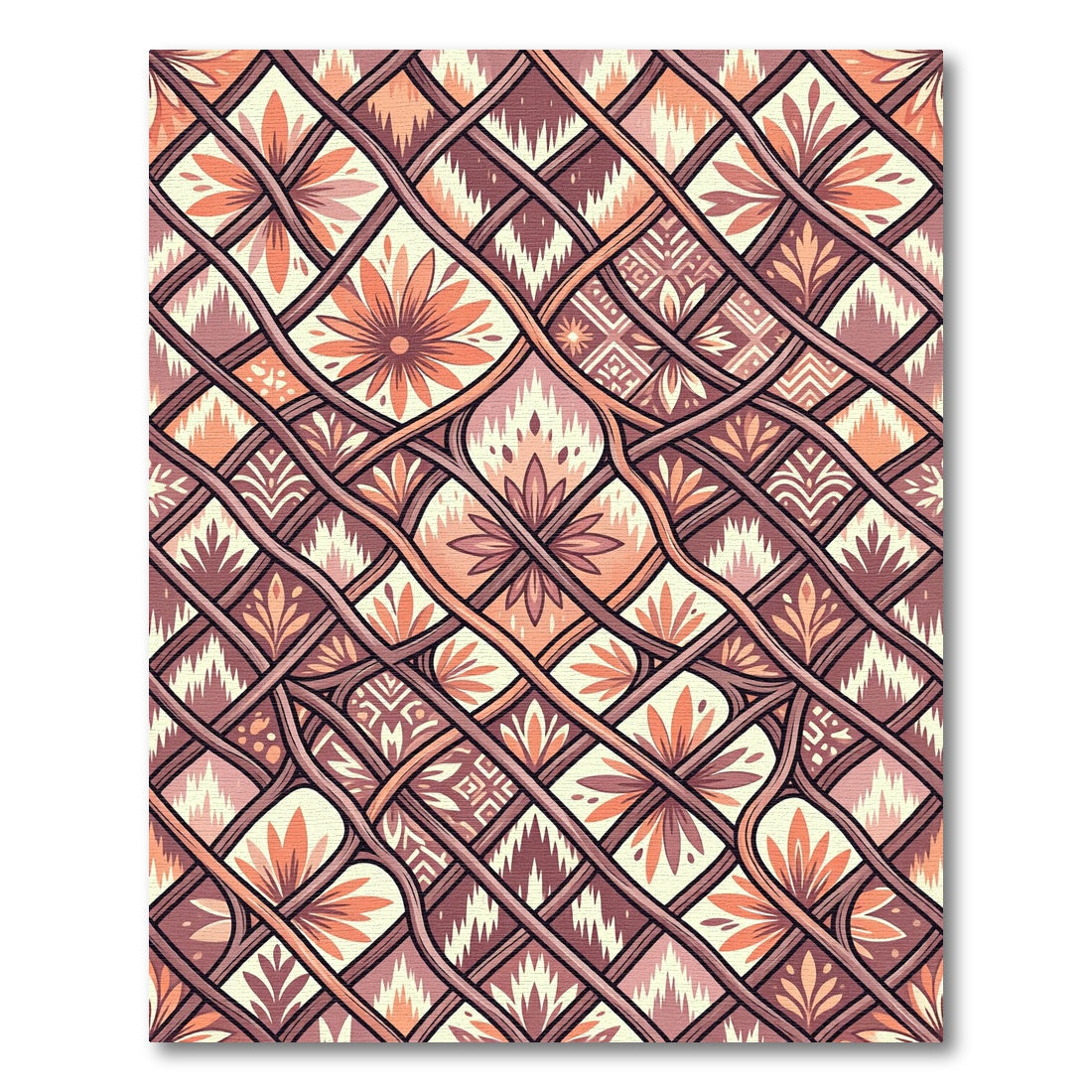Terracotta Floral Ikat Lattice Grid Rug