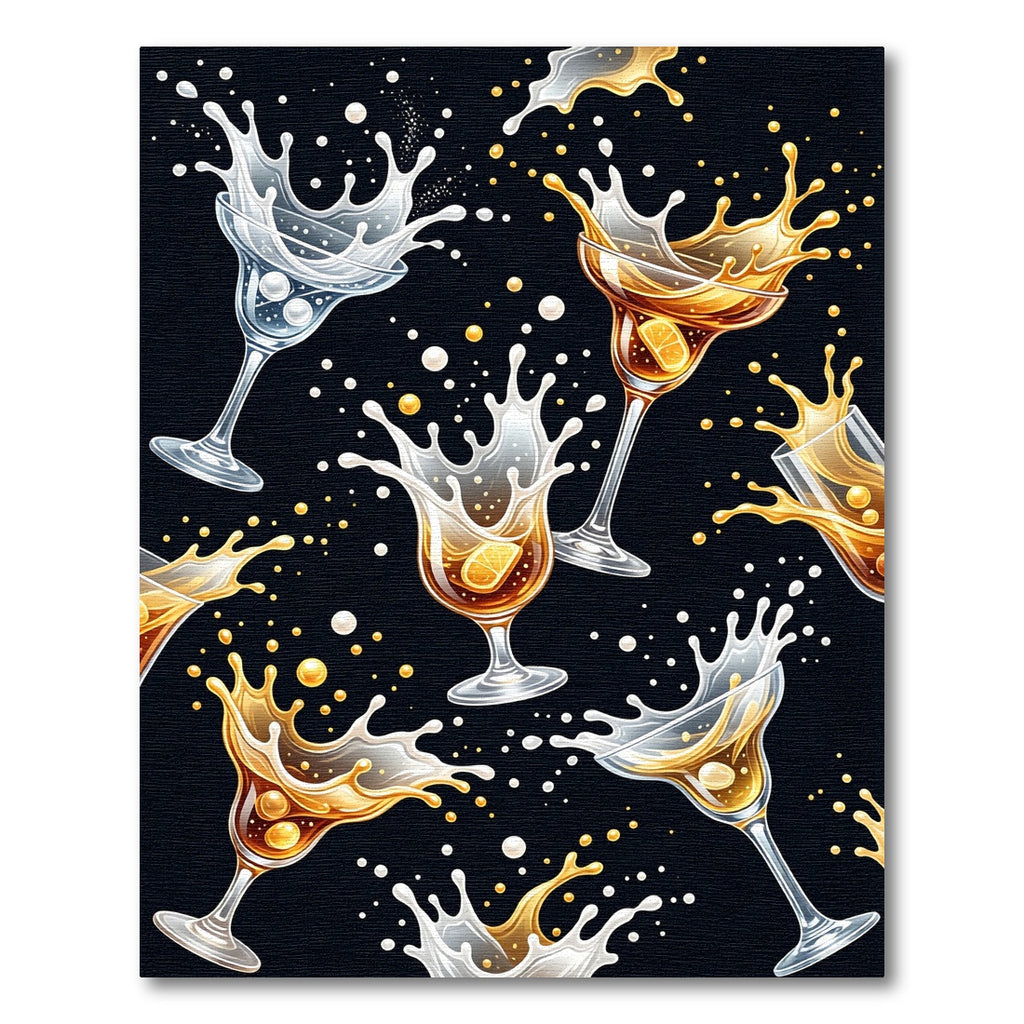 Dynamic Golden Cocktail Splashes Black Backdrop Rug