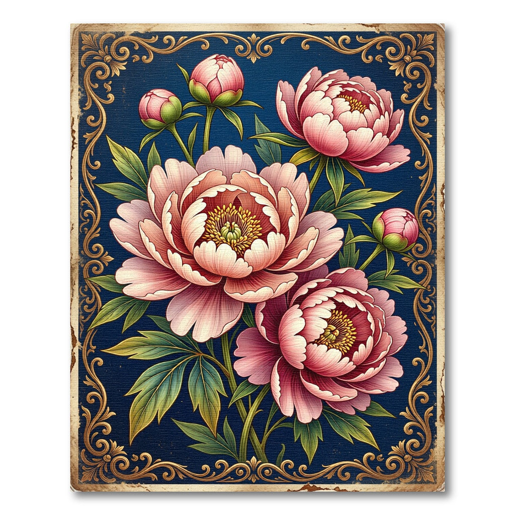 Elegant Pink Peony Floral Navy Rug