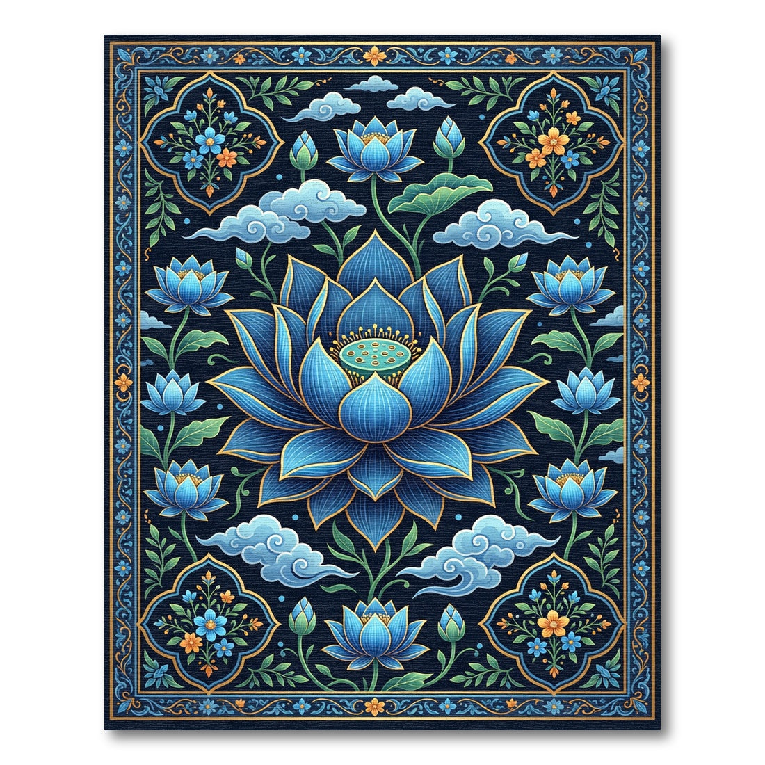 Deep Blue Lotus Blossom Garden Rug