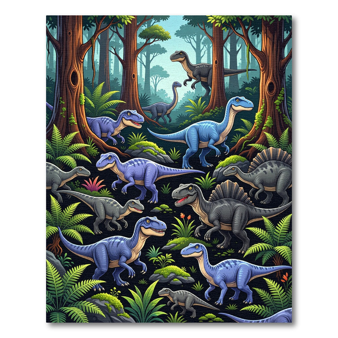 Vibrant Blue Dinosaur Jungle Landscape Rug