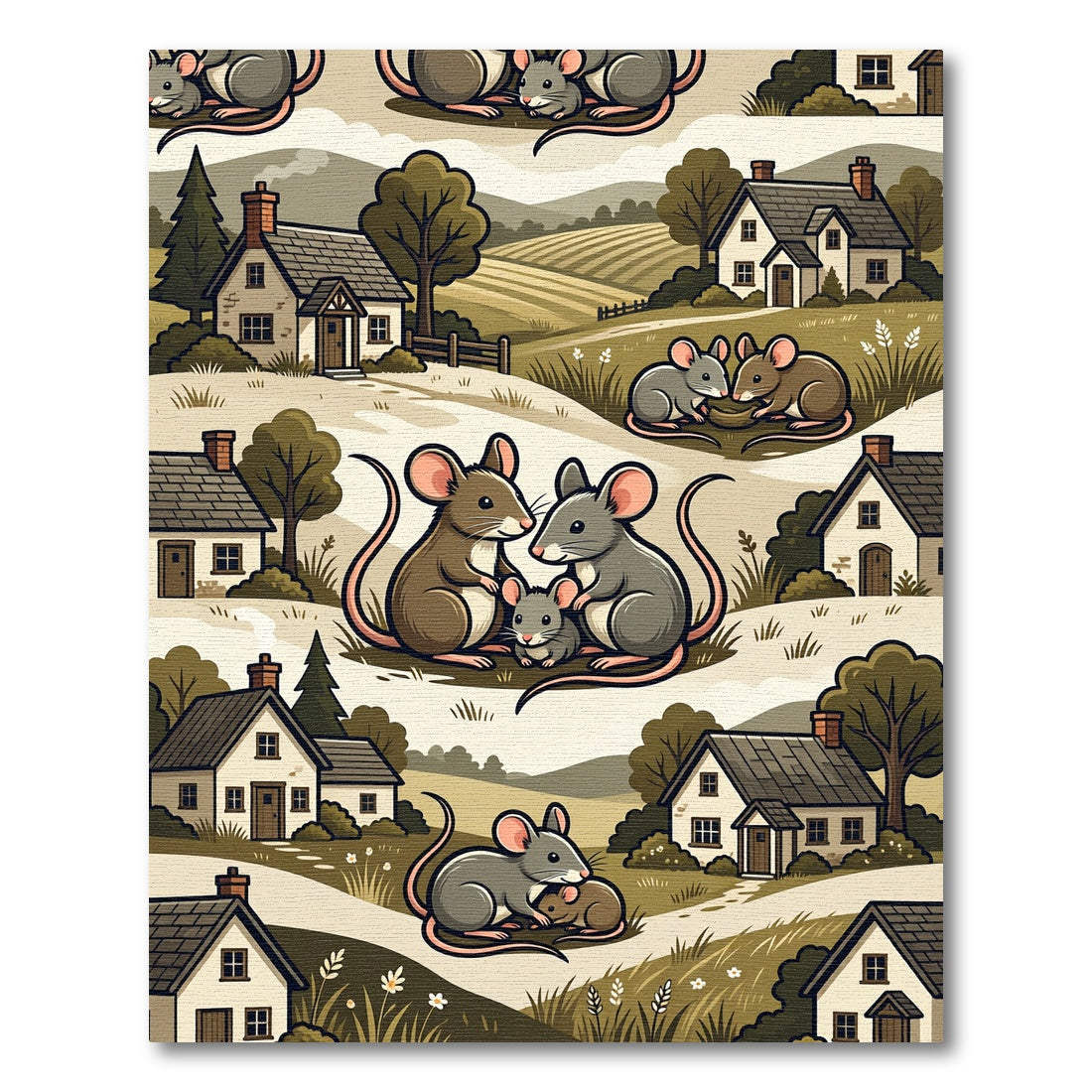 Whimsical Country Mice Meadow Landscape Rug