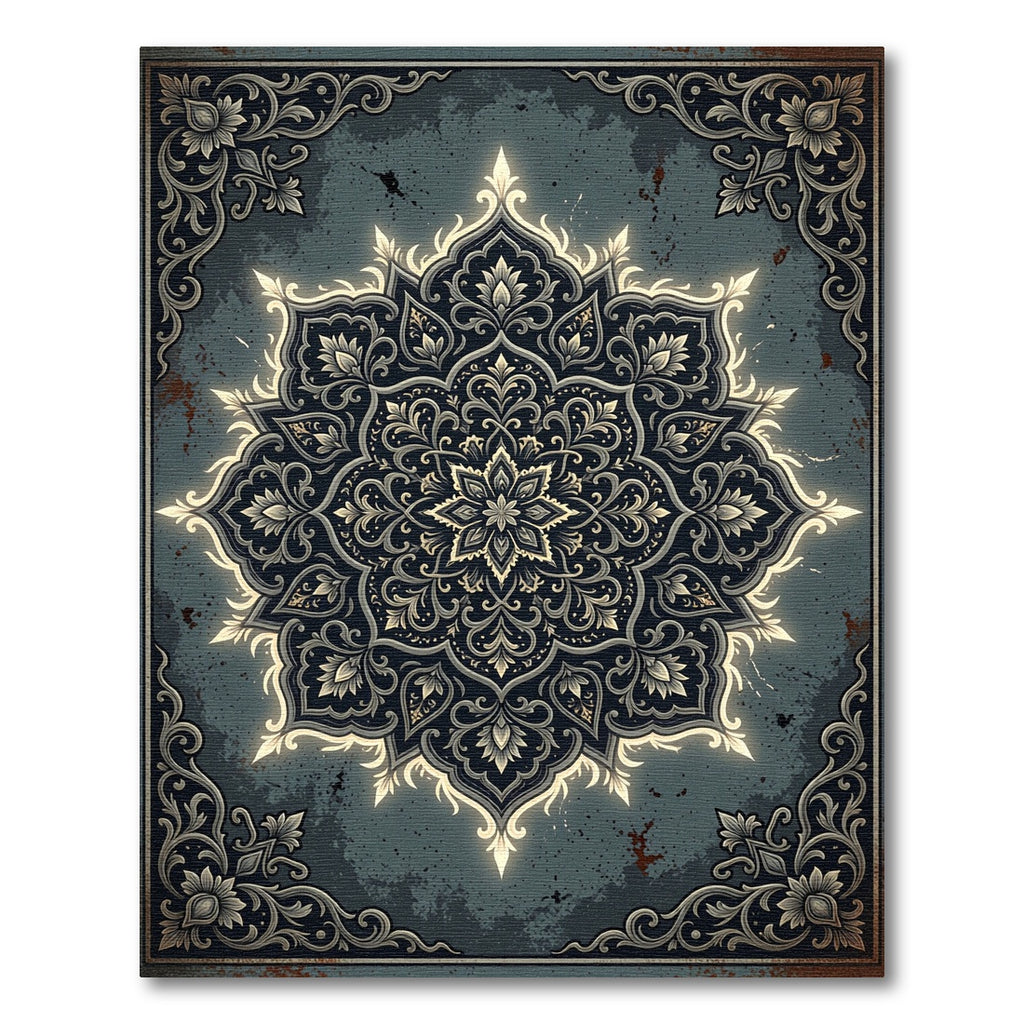 Ornate Dark Charcoal Gilded Floral Mandala Rug