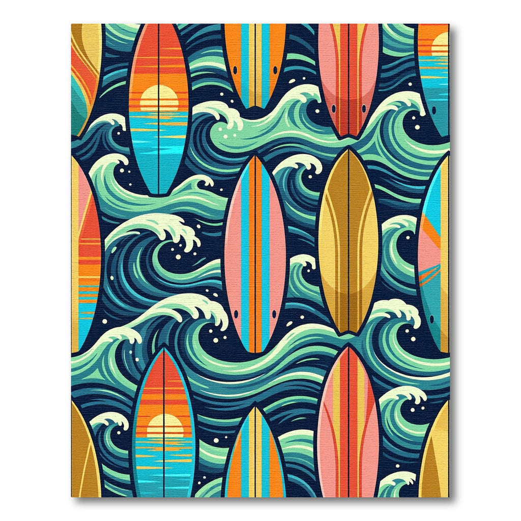 Retro Surfboard Sunset Ocean Wave Art Rug