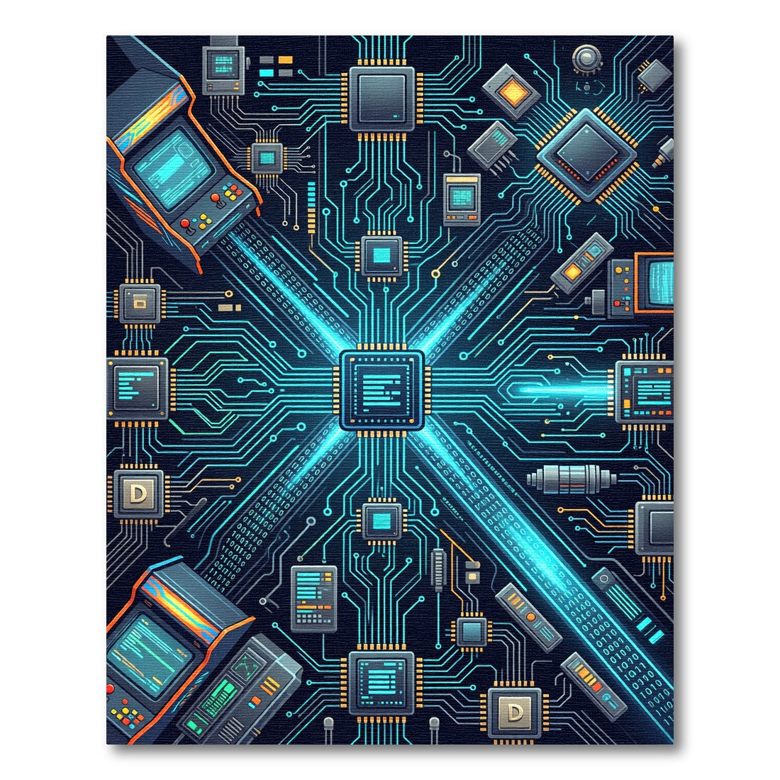 Neon Cyber Circuit Digital Tech Art Rug