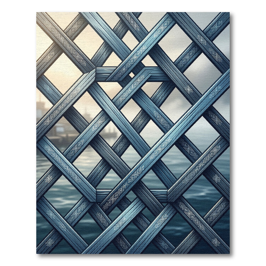 Ornate Steel Blue Geometric Interlocking Lattice Rug