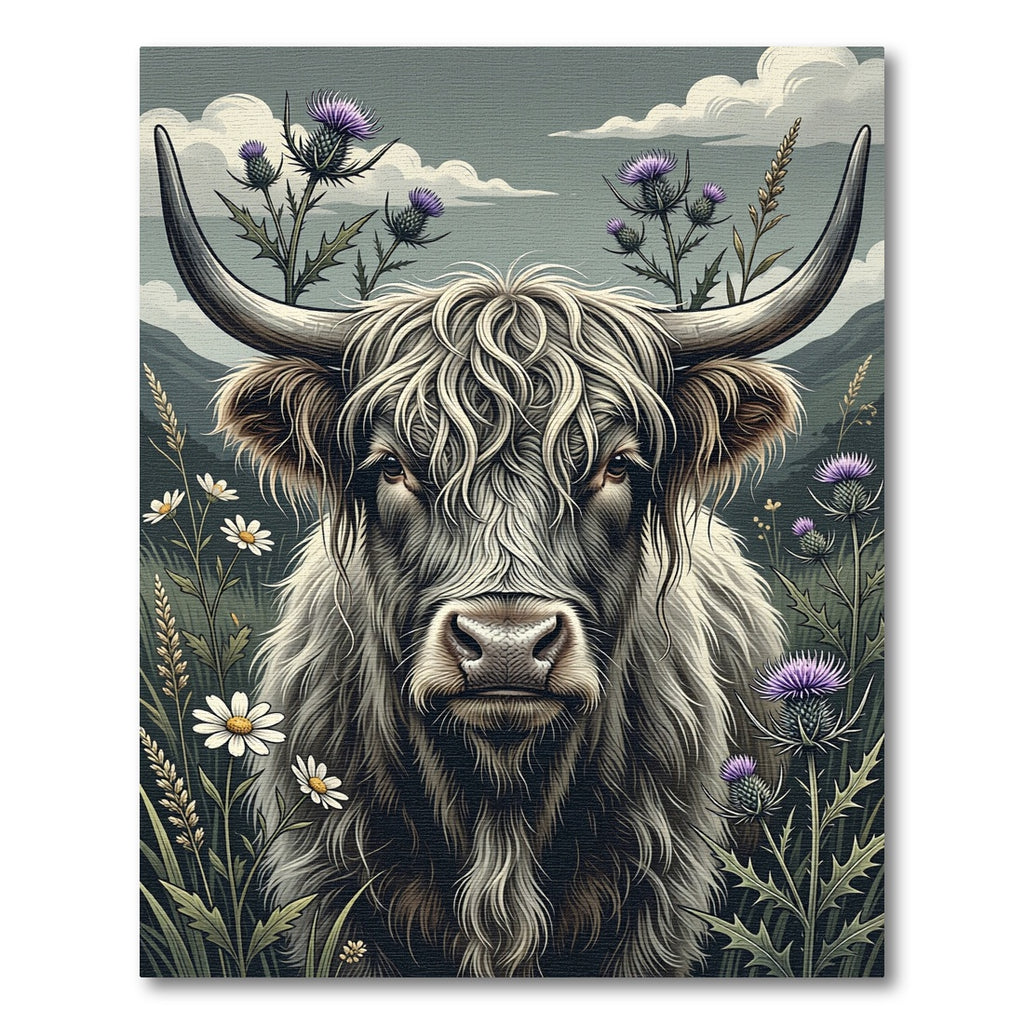 Highland Cow with Thistle Floral Art Rug