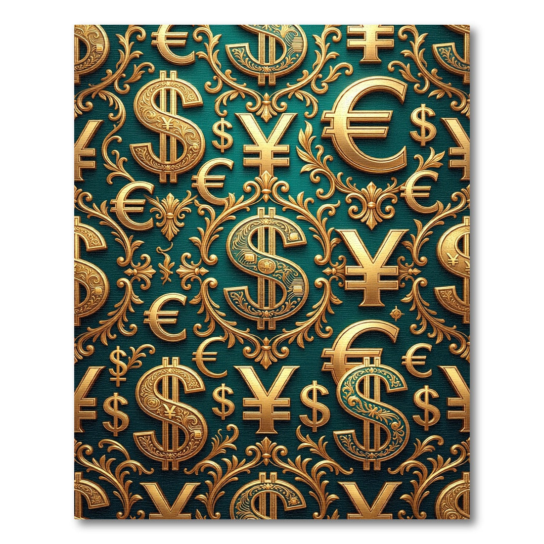 Ornate Golden Currency Filigree Deep Teal Rug