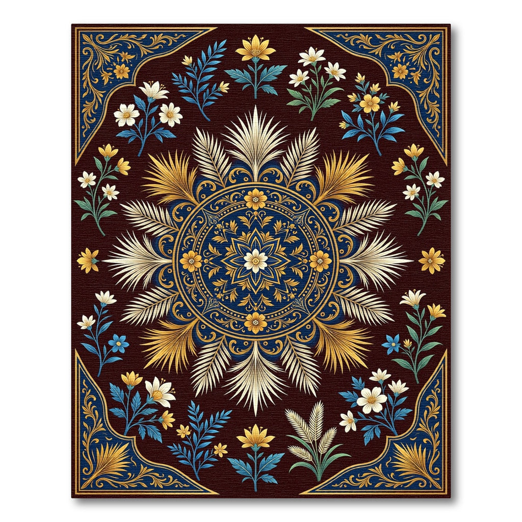 Deep Blue Golden Floral Mandala Design Rug