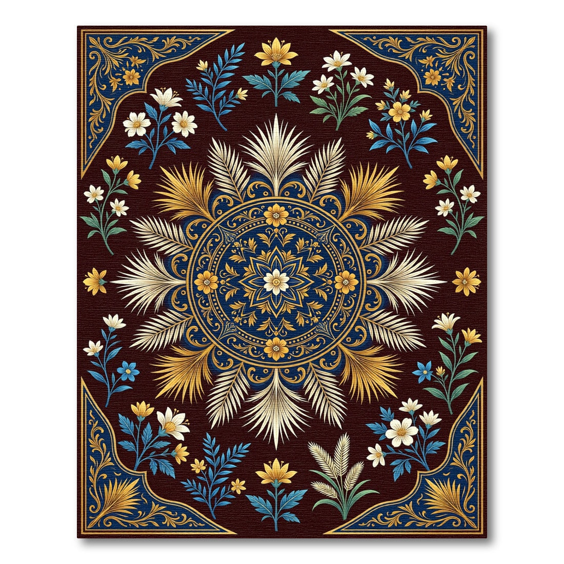 Deep Blue Golden Floral Mandala Design Rug