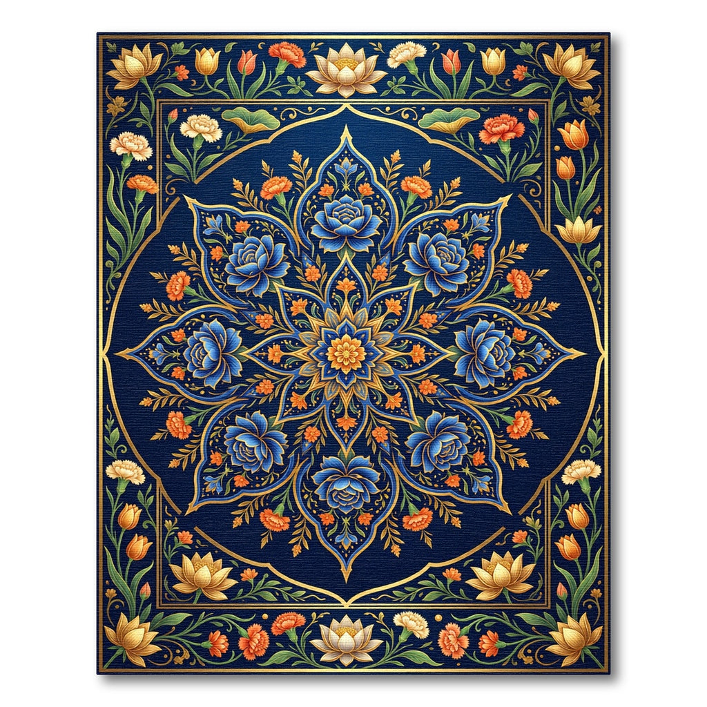 Elegant Navy Floral Gold Medallion Art Rug