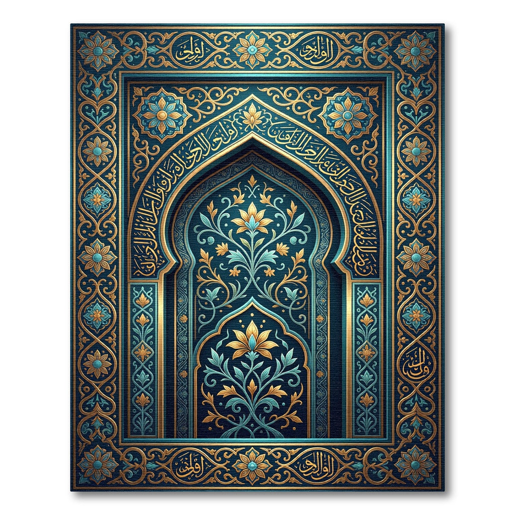 Ornate Teal Gold Floral Arch Tapestry Rug