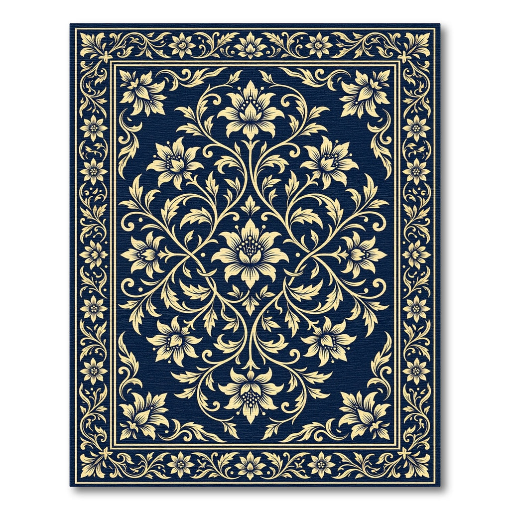 Elegant Gold Floral Damask Navy Rug