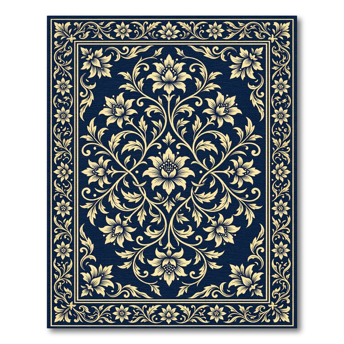 Elegant Gold Floral Damask Navy Rug