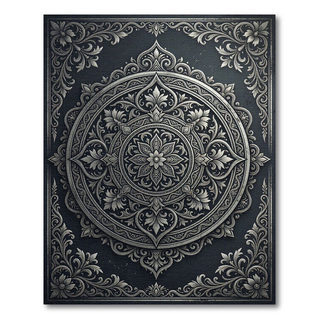 Ornate Silver Floral Mandala Charcoal Rug