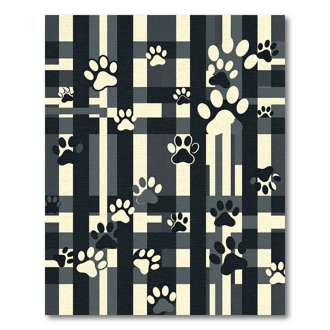 Monochrome Plaid Paw Print Rug