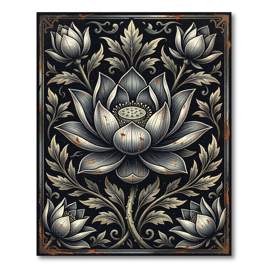 Ornate Monochrome Lotus Floral Illustration Rug