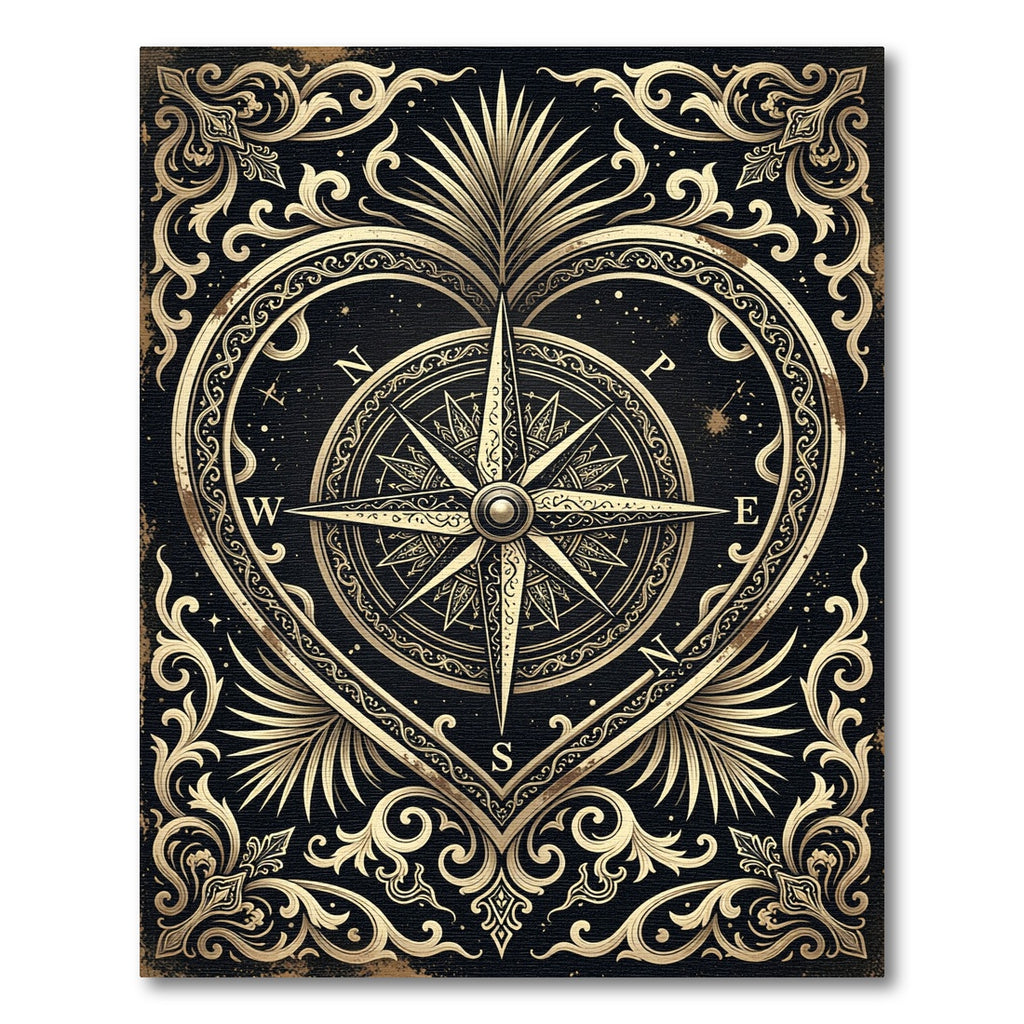 Ornate Gold Compass Heart Emblem Rug