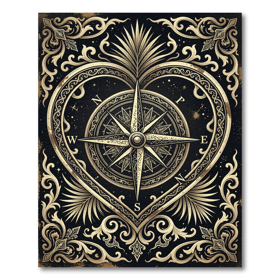 Ornate Gold Compass Heart Emblem Rug