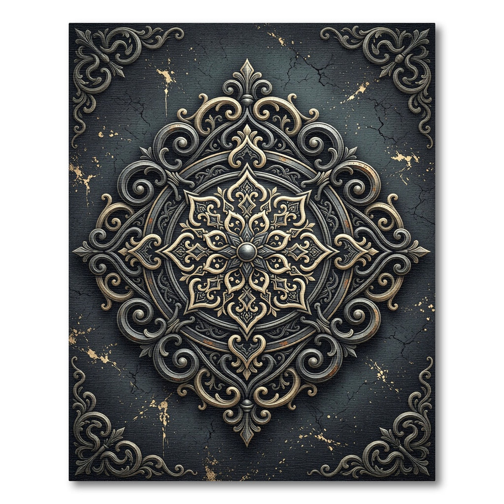 Ornate Antique Gold Silver Filigree Medallion Rug