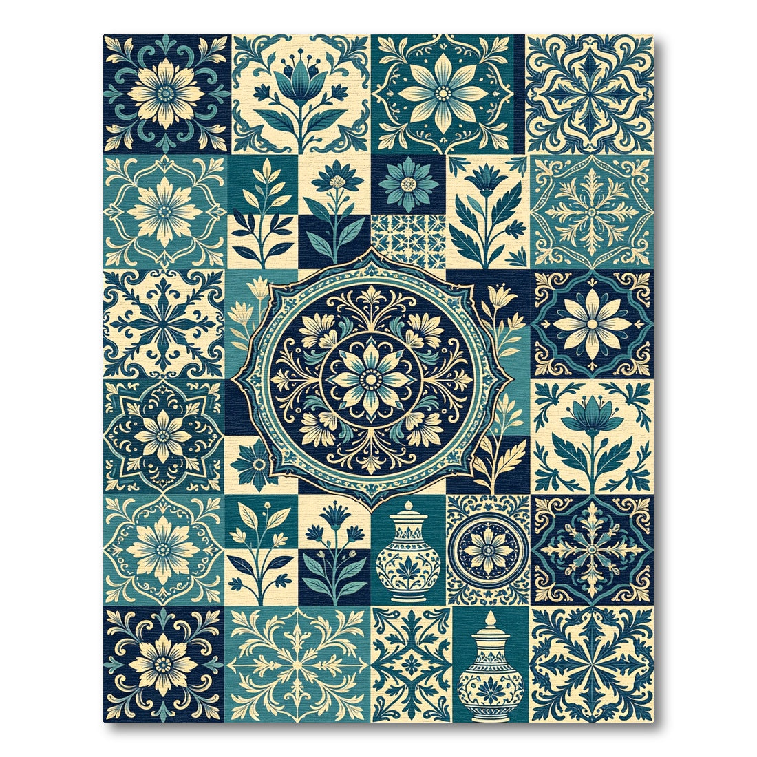 Teal Navy Floral Medallion Vase Tiles Rug