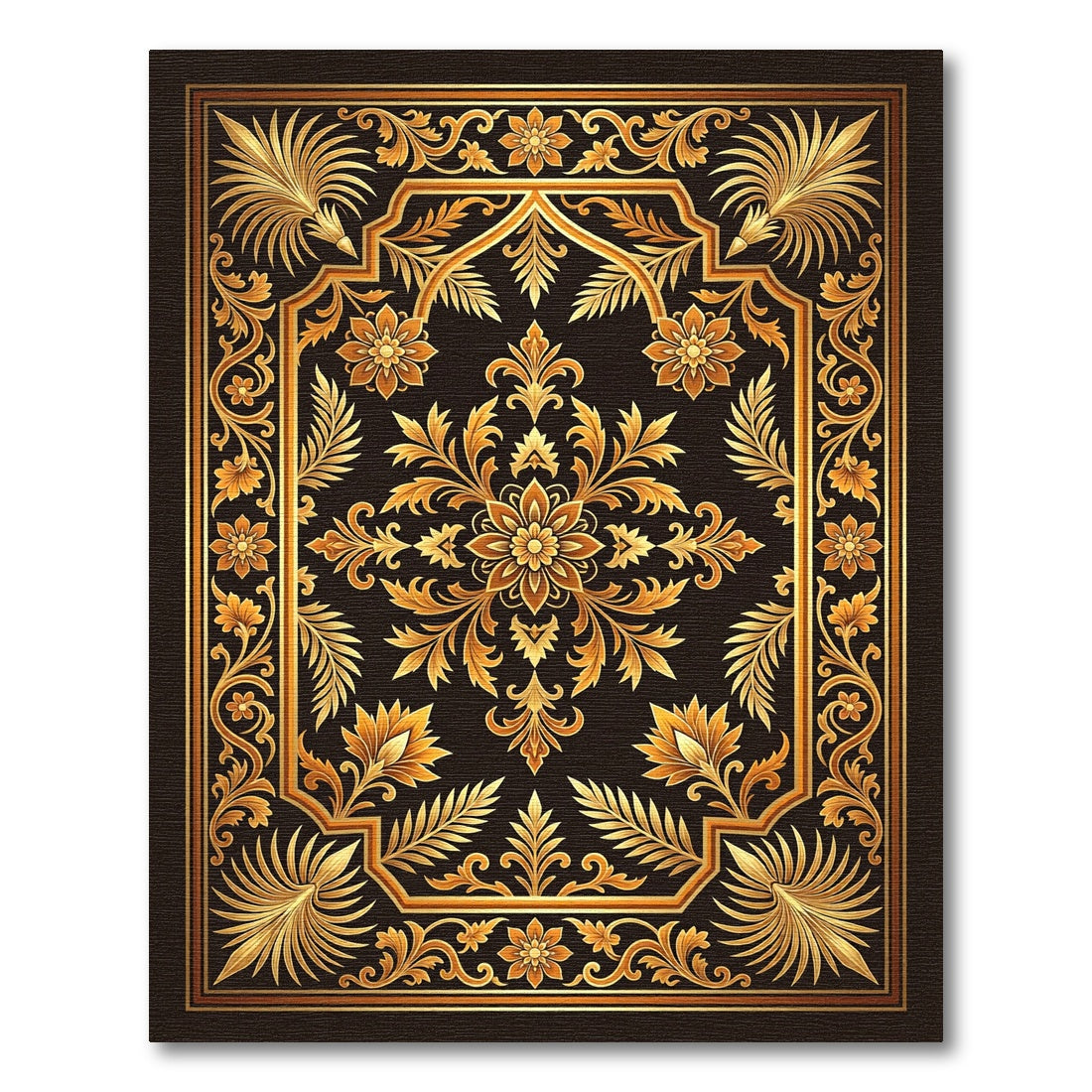 Ornate Golden Floral Damask Scrollwork Rug