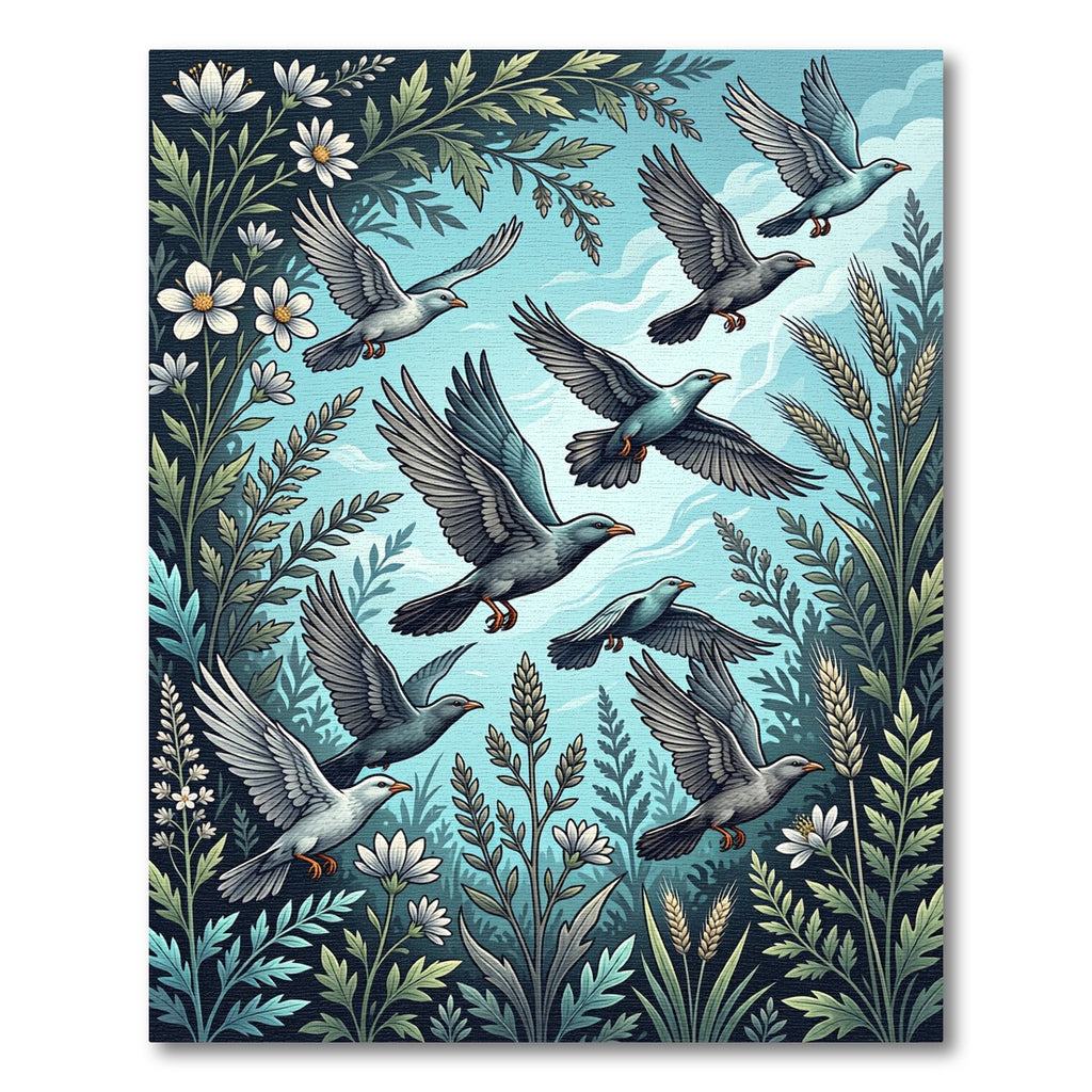 Whimsical Sky Blue Flying Bird Meadow Rug