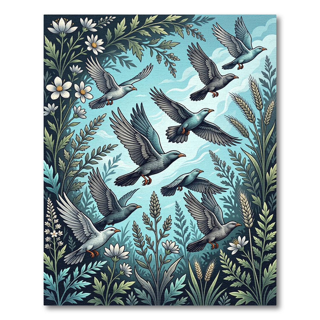 Whimsical Sky Blue Flying Bird Meadow Rug