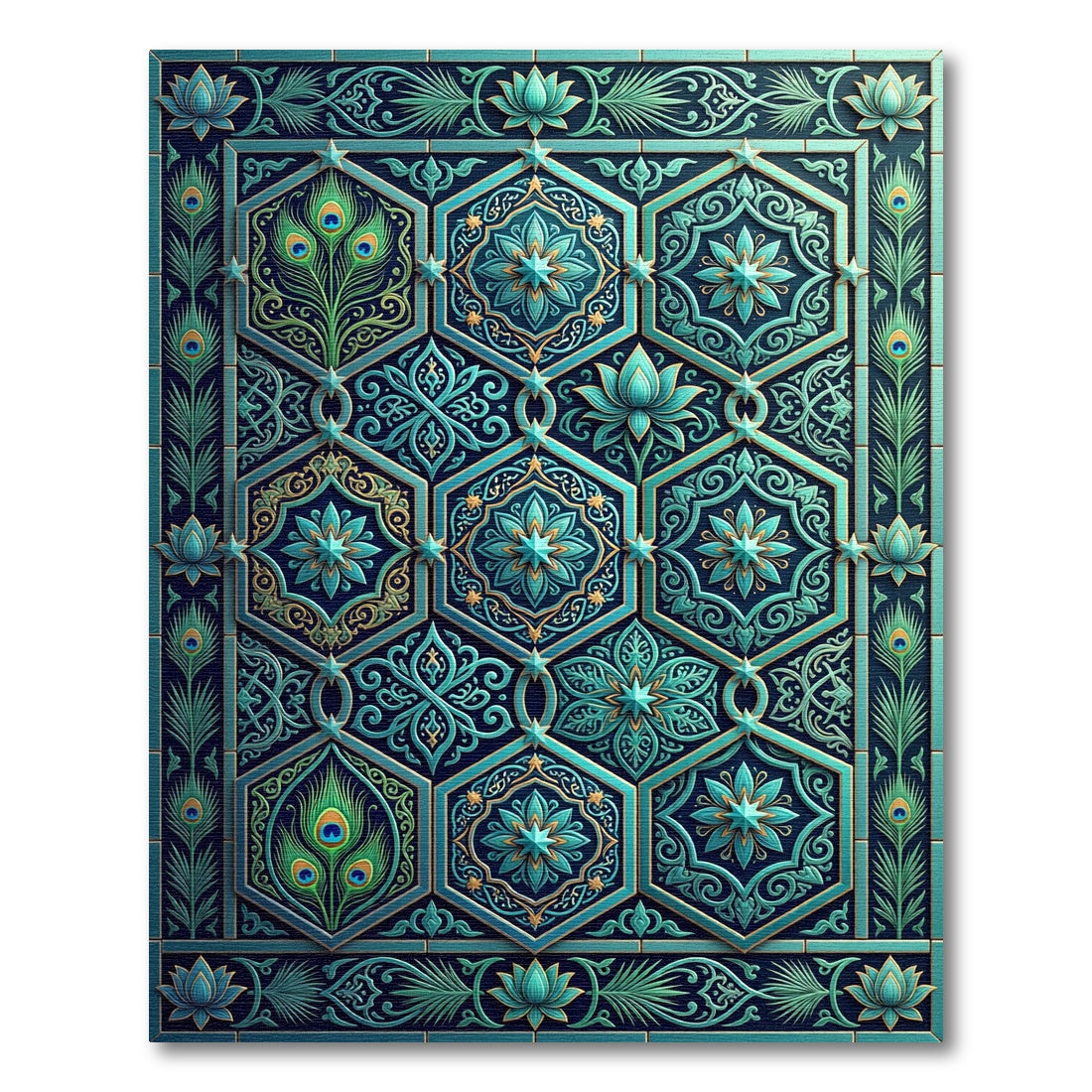 Teal Peacock Feather Hexagonal Medallion Rug