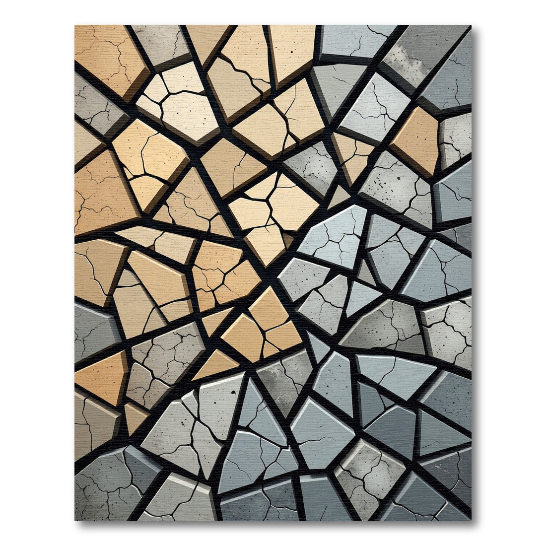 Abstract Beige and Gray Cracked Stone Rug