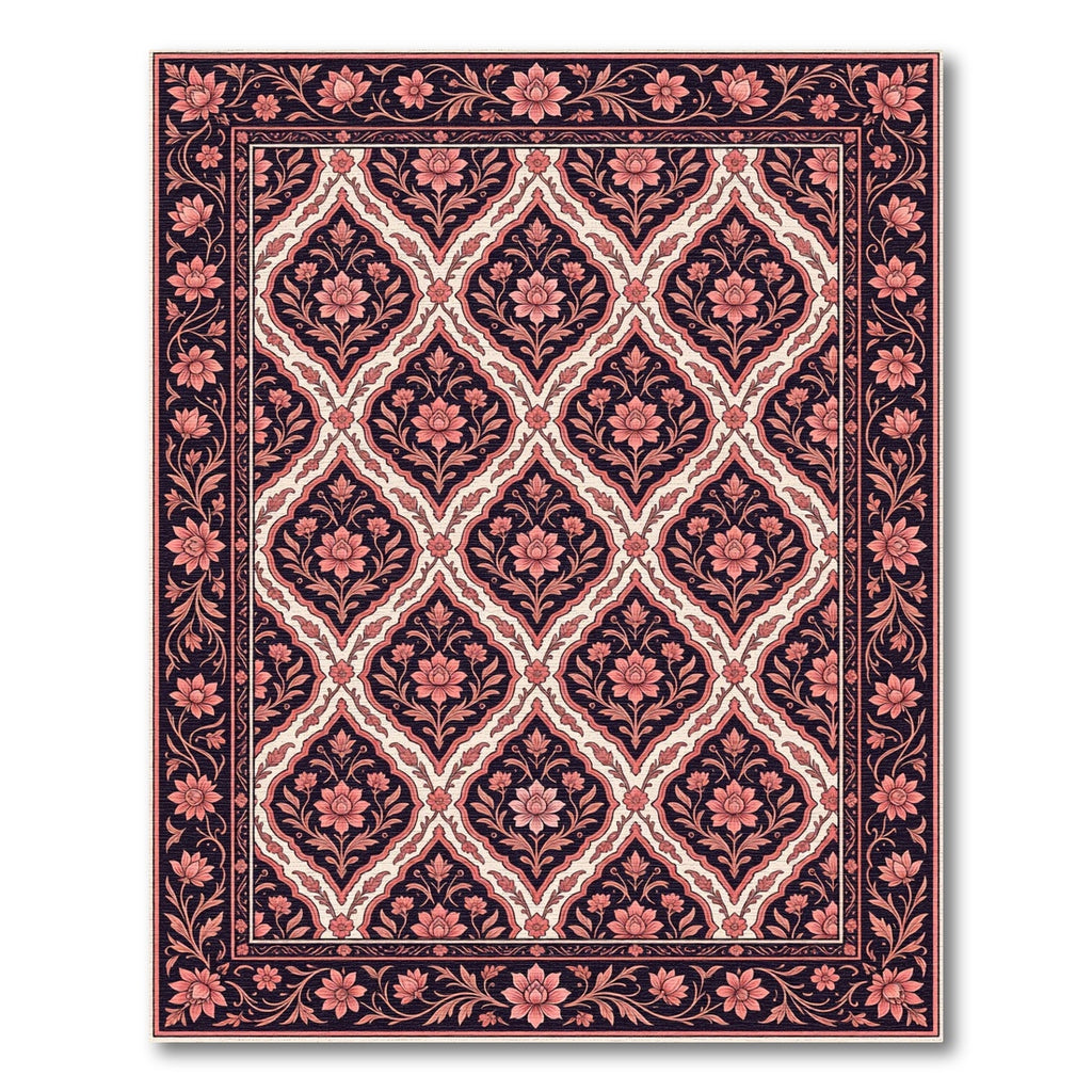 Deep Navy Coral Floral Lattice Rug